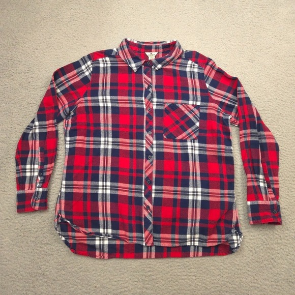 Woolrich Tops - Woolrich Flannel Shirt Womens XL Red Navy Plaid Long Sleeve Button Pocket Cotton